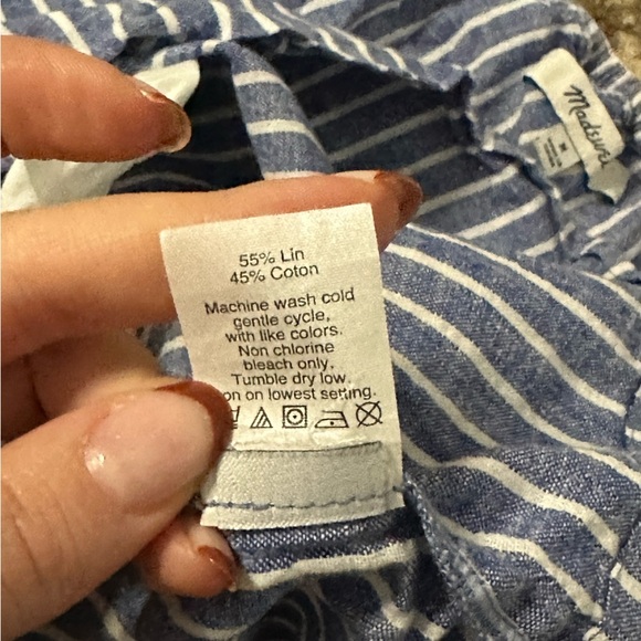 MADEWELL One Shoulder Blue White Striped Ruffle Linen Dress w Pockets Size M - Picture 7 of 7